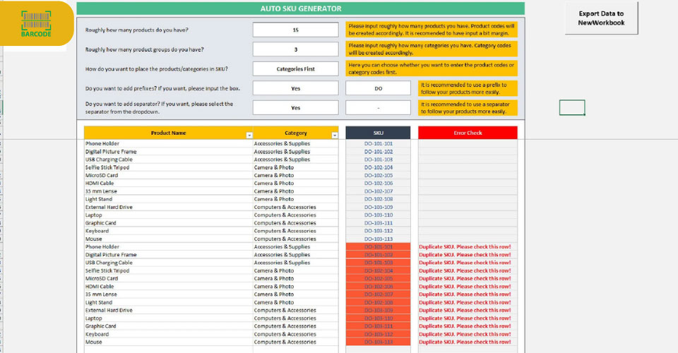 Create inventory barcodes with Excel