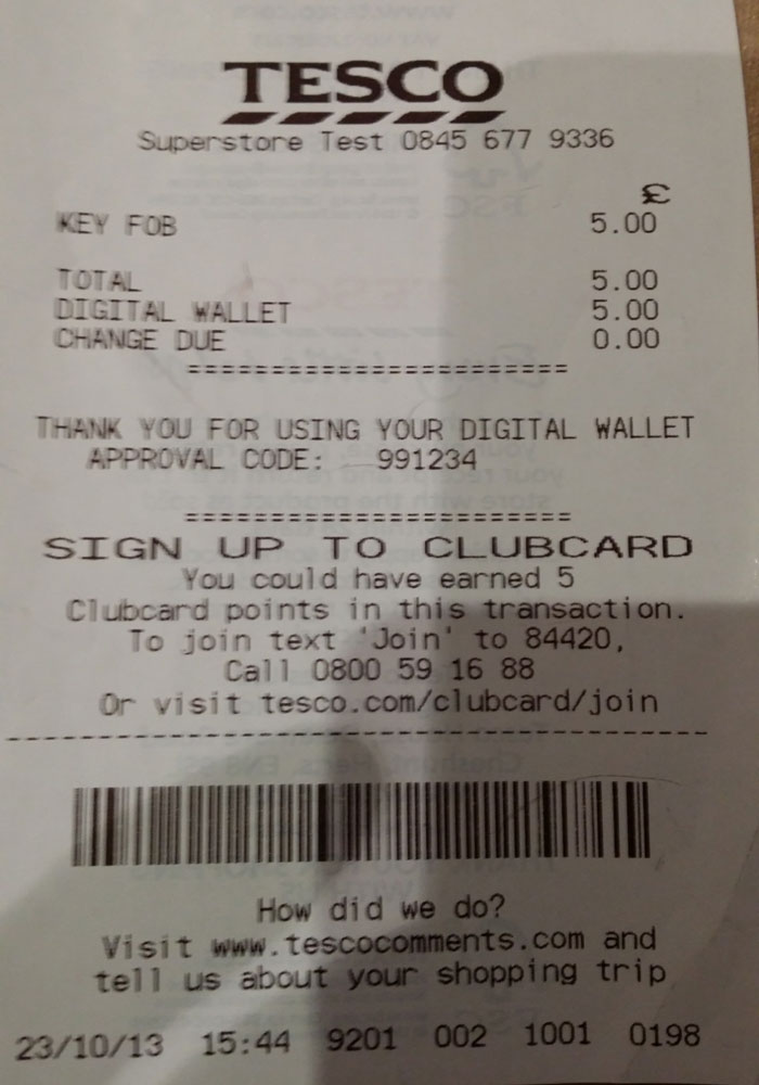 A barcode on the Tesco receipt