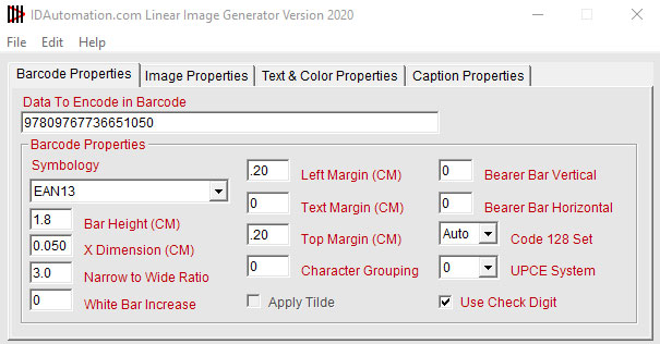 Barcode Properties tab