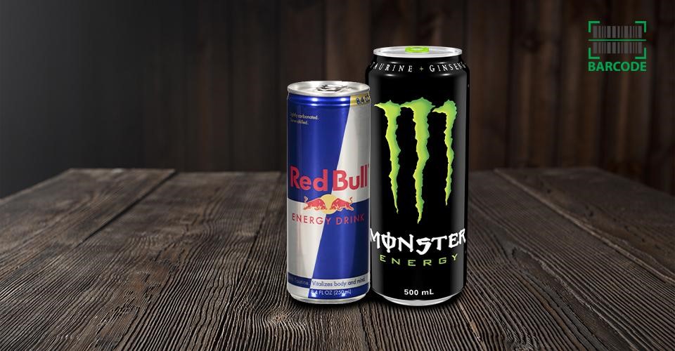 A Monster can is larger than a Red Bull one