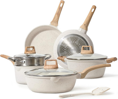 CAROTE Pots and Pans Set Nonstick, White Granite Induction Kitchen Cookware Set