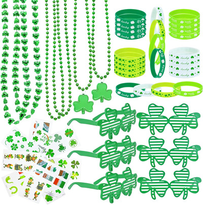 96Pcs St. Patricks Day Party Favors Set Shamrock Glasses Necklaces Bracelets Tattoos St. Patrick's Day Accessories Decorations Supplies