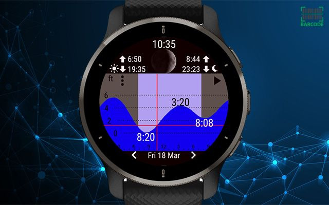 A smartwatch with a tide table chart