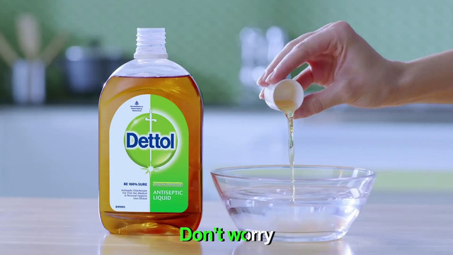 Prepare a 1:20 dilution of 20 mL of Dettol Liquid in 400 mL of water